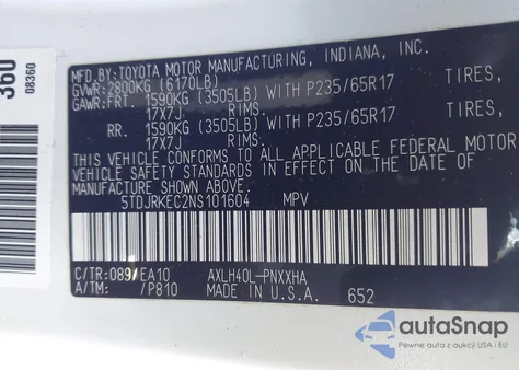 2022 Toyota Sienna Xle z USA, uszkodzony, nr VIN 5TDJRKEC2NS101604